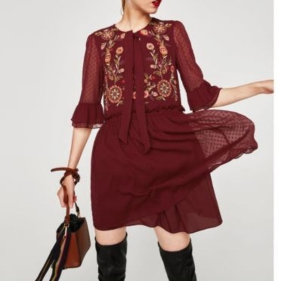 Zara | Dresses | Zara Trafaluc Burgundy Floral Embroidered Swiss Dot Dress  | Poshmark
